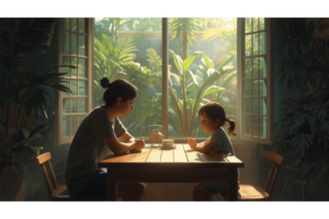 評価せずに子どもの話を聞く家庭での会話をイメージしたビジュアル