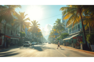 明るい自然光の中、南国の街で人の動きが少なく、静かな時間が流れている風景。
特定の行動を強調せず、考え事をしなくても過ごせる余白が伝わる構図。
温かみのある色調で、落ち着きと安心感のある写真風ビジュアル。