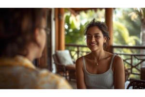 南国の落ち着いた空気の中で気軽な会話が始まる様子のイメージ画像