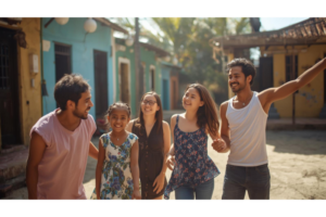 南国の街で家族それぞれが居場所を見つけているイメージ画像