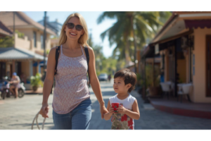 南国の街で親子が安心して歩いているイメージ画像