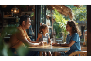 南国の街で穏やかに話をしている親子のイメージ画像