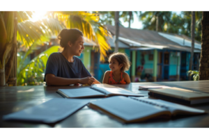 南国の街で穏やかに準備について話している親子のイメージ画像