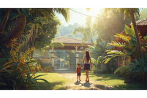 南国の街を親子で下見しているイメージ画像