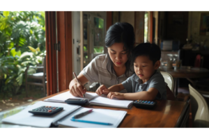 南国の街で費用について落ち着いて話している親子のイメージ画像