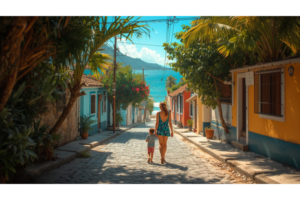 ドゥマゲッティの街を親子で歩きながら生活の様子を見ているイメージ