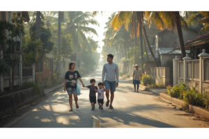 ドゥマゲッティの静かな街を歩く日本人の親子家族の風景