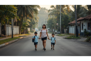 ドゥマゲッティの朝の街で学校へ向かう日本人の親子の生活風景