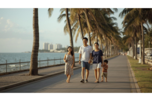 ドゥマゲッティの海沿いを歩く日本人の親子家族と南国の街の風景