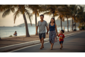 ドゥマゲッティの海沿いの遊歩道を歩く日本人の親子家族と南国の街の風景