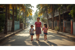 ドゥマゲッティの街で学校へ向かう日本人の親子の生活風景