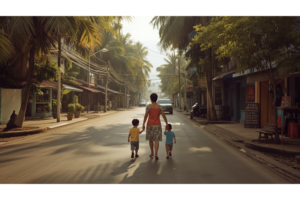 ドゥマゲッティの街で朝の通学に向かう日本人親子の生活風景