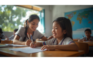 ドゥマゲッティの英語学校の教室で授業を受ける日本人の子どもとフィリピン人の先生