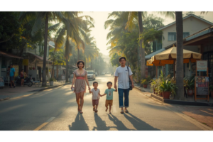 ドゥマゲッティの街を散歩する日本人の親子家族と南国の穏やかな生活風景