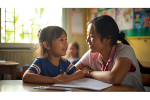 ドゥマゲッティの教室でフィリピン人の先生と話す日本人の子どもの授業風景