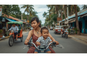 ドゥマゲッティの街でトライシクルに乗る日本人の親子の生活風景