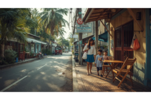 ドゥマゲッティのカフェが並ぶ通りを歩く日本人親子の南国の生活風景