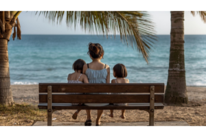 ドゥマゲッティの海沿いのベンチで海を眺める日本人親子の南国の生活風景
