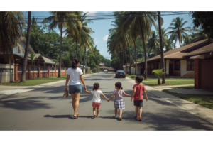 ドゥマゲッティの学校へ向かう日本人親子の通学風景