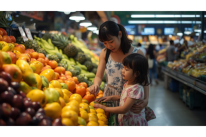 ドゥマゲッティのスーパーで果物を選ぶ日本人親子の生活風景
