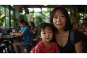 ドゥマゲッティのカフェで過ごす日本人親子と学生たちの街の雰囲気