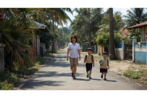 ドゥマゲッティの静かな街で学校へ向かう日本人親子の通学風景