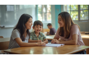 ドゥマゲッティの英語学校を見学する日本人親子と先生の様子
