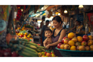 ドゥマゲッティのローカルマーケットで買い物をする日本人親子の様子