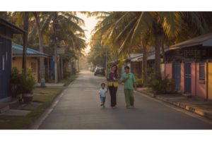 ドゥマゲッティの街を歩きながら留学生活をイメージする日本人親子の様子