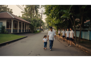 ドゥマゲッティの落ち着いた街並みを歩く日本人親子と学生たちの風景