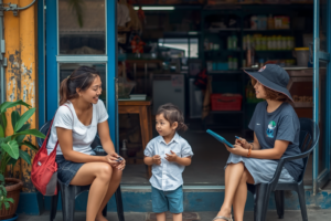 Japanese mother and child naturally using English during daily life in Dumaguete Philippines, relaxed tropical atmosphere, casual conversation with local teacher and shop staff, realistic family study abroad lifestyle photography