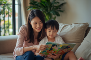 ドゥマゲッティで日本語の本を読む日本人親子 親子留学イメージ