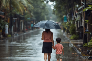 ドゥマゲッティの雨季に傘をさして歩く日本人親子 留学生活イメージ