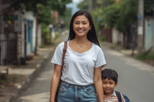ドゥマゲッティで学校帰りに歩く若い日本人のお母さんと子どもの親子留学生活イメージ