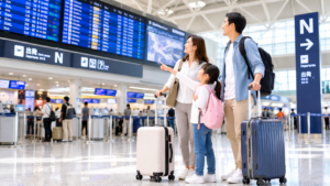 成田空港の国際線出発ロビーでチェックイン手続きを行う旅行者の様子