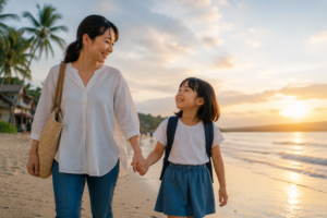 親子で海外生活を振り返りながら笑顔で話す日本人のお母さんと子どものイメージ
