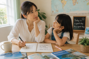 親子留学について将来を考えながら穏やかに話し合う日本人のお母さんと子どものイメージ
