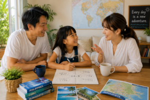 親子で将来について笑顔で話し合いながら過ごす日本人家族のイメージ