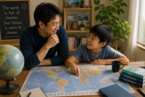 ドゥマゲッティで将来の選択肢について話し合う日本人の親子のイメージ