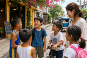 ドゥマゲッティで現地の子どもたちと交流しながら笑顔で過ごす日本人の男の子と家族のイメージ