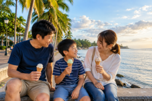 ドゥマゲッティの海辺で休日をゆったり過ごす日本人親子のイメージ