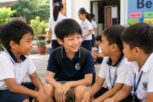 ドゥマゲッティのインターナショナルスクールで現地の子どもたちと少しずつ打ち解けていく日本人の男の子のイメージ