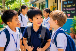 ドゥマゲッティのインターナショナルスクールで現地の友達と笑顔で会話を楽しむ日本人の男の子のイメージ