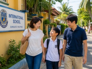 ドゥマゲッティで親子が学校帰りに笑顔で会話を楽しみながら、家族の時間を大切に過ごしているイメージ