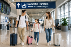 マニラ空港で国内線へ乗り継ぐ親子留学の家族