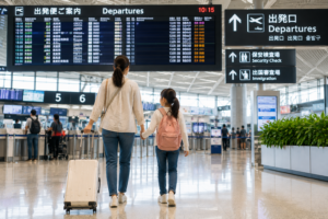 成田空港で国際線へ出発する親子