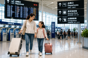 成田空港で国際線出発前に移動する親子